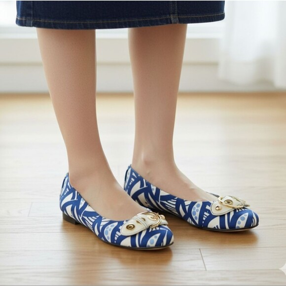 Talbots Blue Fabric Geometric Leaves Creamy Leather Gold Buckles Slip On Flats - Picture 1 of 16